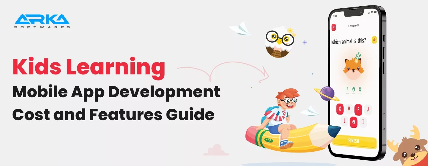 Kids learning app development guide – cost and features overview with playful design and mobile app UI.