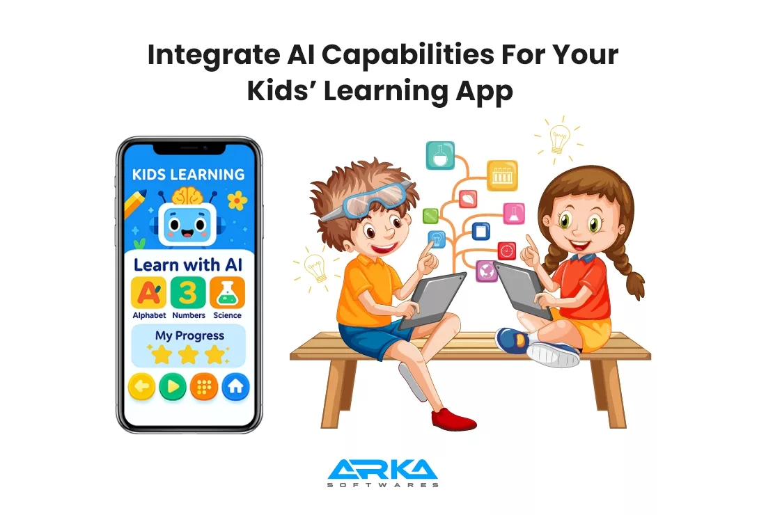 AI-powered kids learning app concept with children using tablets and educational icons.