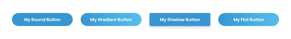 UI button styles including round, gradient, shadow, and flat button designs in blue color.