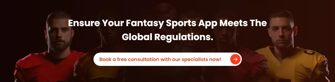 Illustration of a fantasy sports app interface on a smartphone with a legal compliance shield icon, and a team of professionals ready to assist.